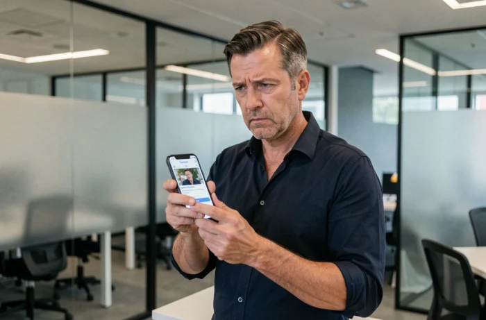 Homme en bureau vérifiant sur smartphone qui peut voir son profil Facebook