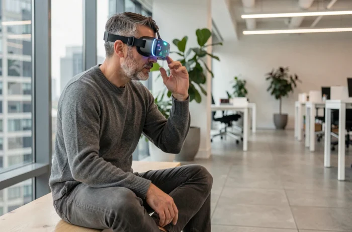 Homme portant un casque de réalité augmentée dans un espace de coworking technologique ouvert