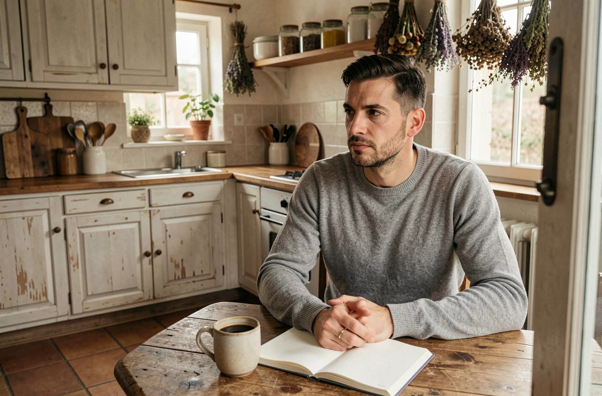 Homme pensif attablé dans une cuisine rustique française avec un carnet et un café, illustrant l'intimité et le quotidien de Florian Tardif