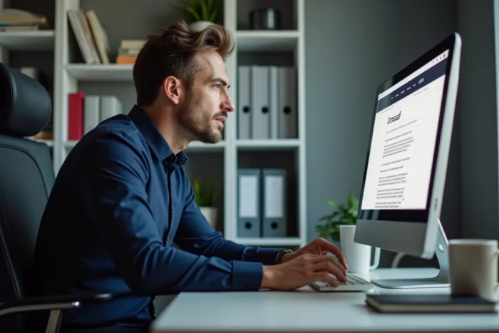 Un homme particulier employeur consulte le site Pajemploi sur son ordinateur pour obtenir son numéro Siret