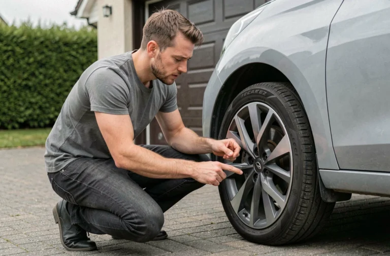 Homme examinant les roues avant d'une voiture à traction avant dans une allée résidentielle