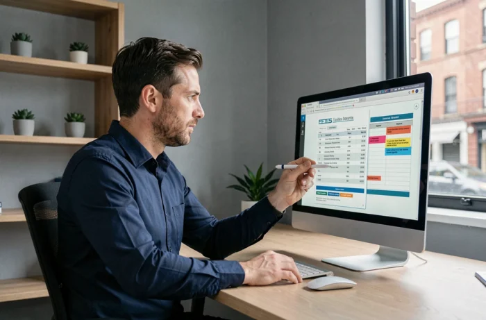 Homme en chemise bleue pointant une facture annotée par IA sur un grand écran dans un bureau à domicile contemporain