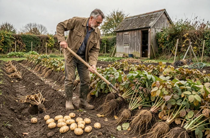 Homme utilisant une fourche de jardin pour déterrer des rangées de pommes de terre dans un grand potager rural en automne