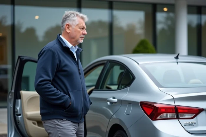 Homme inspectant une berline familiale dans un parking de concession automobile, processus d'achat de voiture fiable