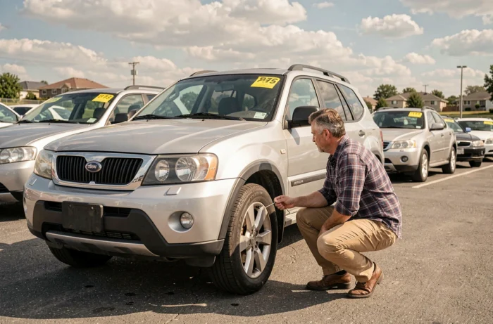 Homme inspectant une voiture d'occasion SUV argentée dans un parc automobile extérieur