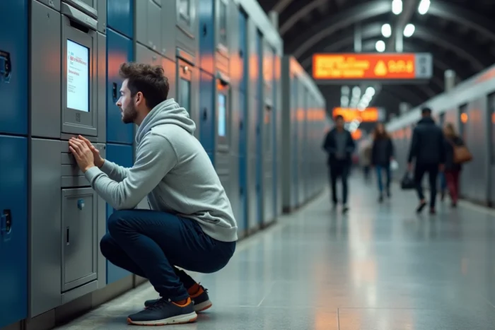 Homme inspectant un casier Vinted Go en panne dans une gare française