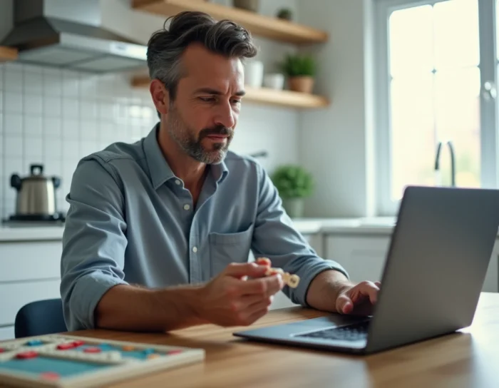 Homme utilisant un outil en ligne comme Clicmouse pour trouver les meilleurs mots au Scrabble