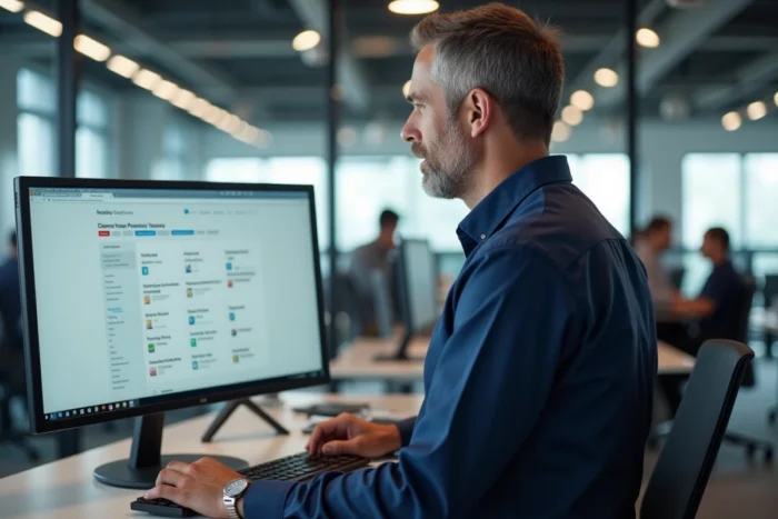 Homme parcourant le plan d'un site web sur un grand écran dans un bureau moderne en open space