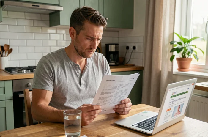Homme lisant un article de santé à sa table de cuisine, vérifiant des informations médicales sur un ordinateur portable