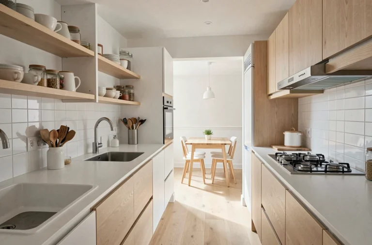 Vue d'ensemble d'une petite cuisine moderne et bien organisée dans un appartement parisien, illustrant les astuces pour agrandir visuellement l'espace
