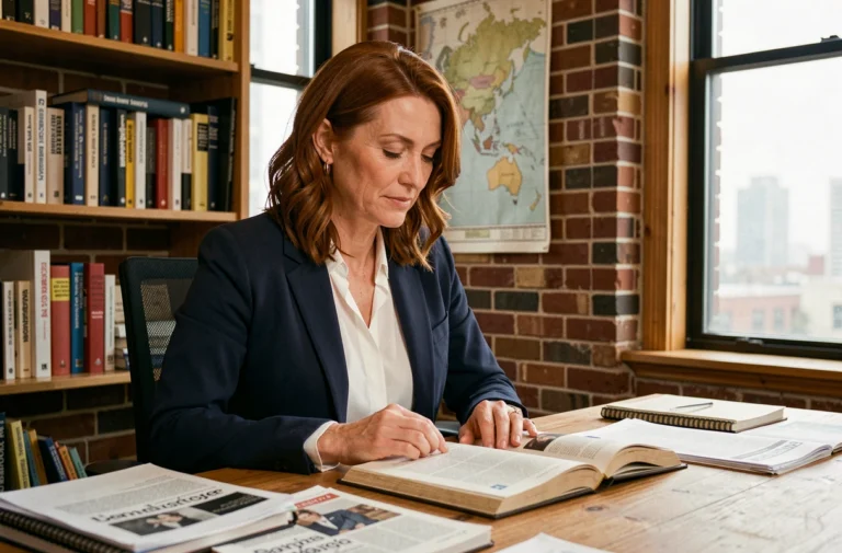 Journaliste femme aux cheveux auburn dans un bureau éditorial avec livres et articles, portrait d'identité professionnelle médiatique