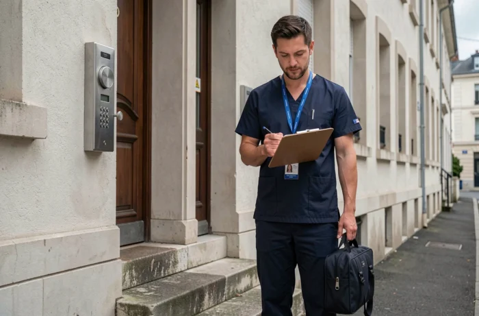 Infirmier à domicile en visite dans le cadre du suivi post-hospitalisation du programme Prado de la CPAM