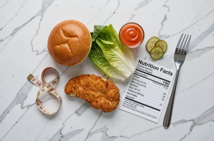 Vue aérienne des ingrédients décomposés du burger Pepe Chicken avec fiche nutritionnelle sur marbre blanc