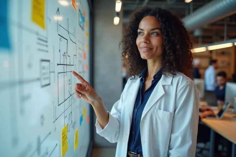 Ingénieure pointant un tableau blanc illustrant les différences entre innovation disruptive et innovation incrémentale dans un bureau R&D moderne