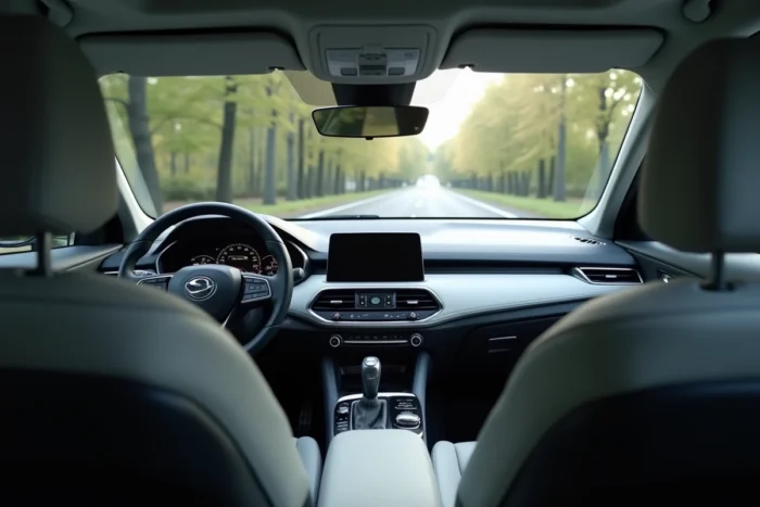 Intérieur d'une berline fiable milieu de gamme avec tableau de bord moderne et sièges en tissu gris, guide choix voiture 2020