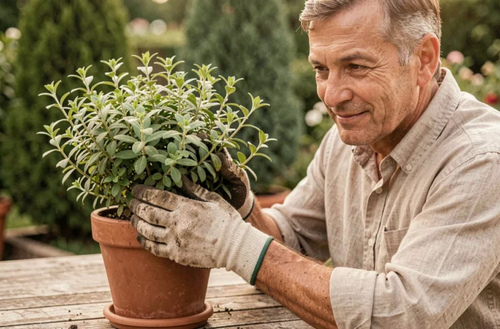 Jardinier manipulant les feuilles aromatiques d'un arbre répulsif contre les moustiques sur une terrasse de jardin