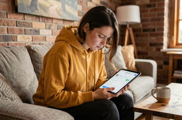 Jeune femme sur un canapé vérifiant les paramètres de confidentialité de son profil Facebook sur une tablette
