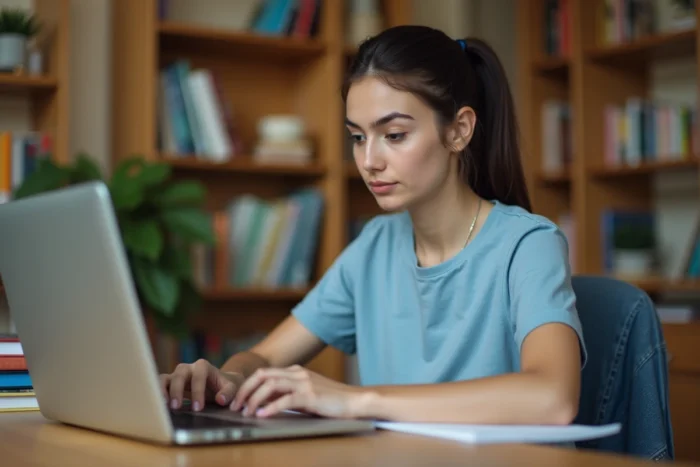Jeune femme consultant les résultats du bac second groupe sur un ordinateur portable à son bureau