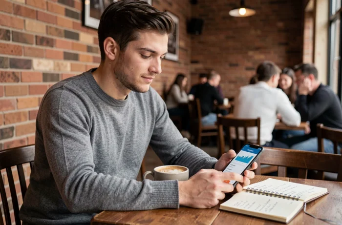 Jeune homme consultant une application de services financiers sur son smartphone dans un café tout en prenant des notes budgétaires
