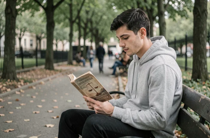 Jeune homme lisant un livre sur la justice dans un parc urbain, symbole de la réflexion sur les libertés individuelles