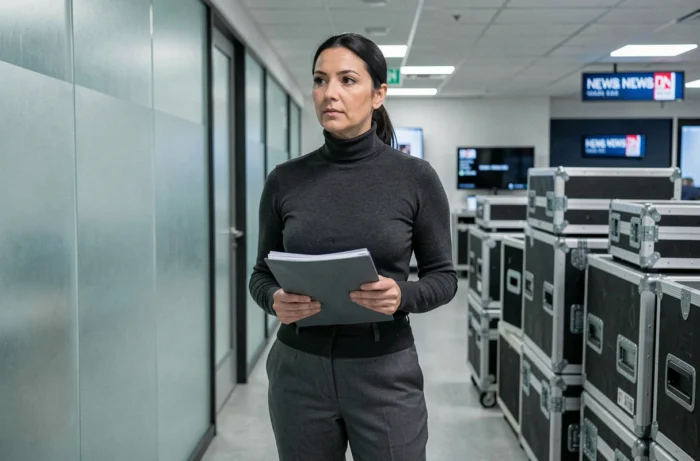 Femme journaliste dans un couloir de studio de télévision tenant un dossier de presse, ambiance média contemporaine