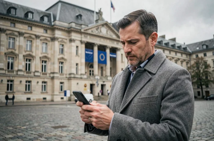 Journaliste consultant son téléphone devant un bâtiment institutionnel européen en plein air, illustrant le suivi de l'actualité européenne sur le terrain