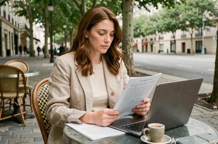 Journaliste femme travaillant à une terrasse de café parisien avec ordinateur portable et notes d'interview, style éditorial urbain