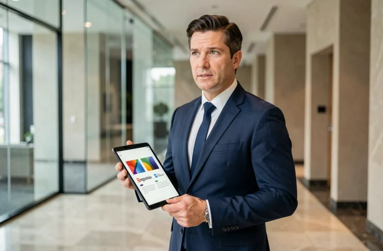 Professionnel en costume tenant une tablette avec des visuels de rebranding dans un hall de bureau moderne, illustrant le changement de nom de Kibriv en 2024