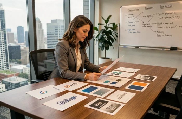 Femme professionnelle examinant des documents de rebranding sur une table de réunion, représentant le processus de changement de nom de Kibriv sur le marché en 2024