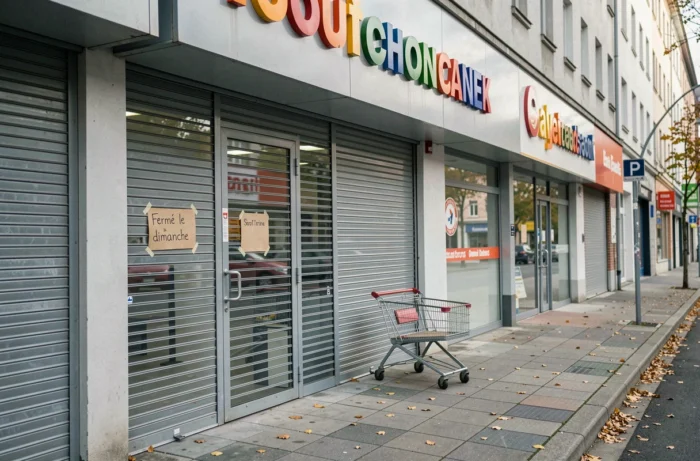 Entrée fermée d'un magasin discount le dimanche avec rideau métallique baissé et pancarte indiquant la fermeture