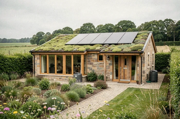 Maison écologique achevée avec toit végétalisé, panneaux solaires et jardin en permaculture