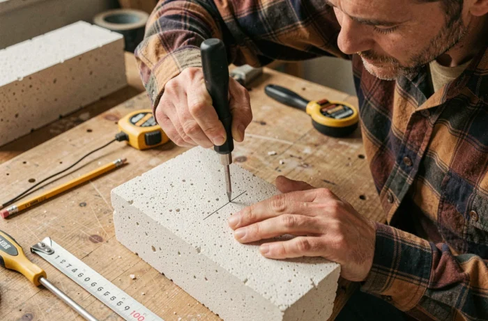 Artisan utilisant un poinçon pour marquer avec précision le point de perçage sur un bloc de béton cellulaire