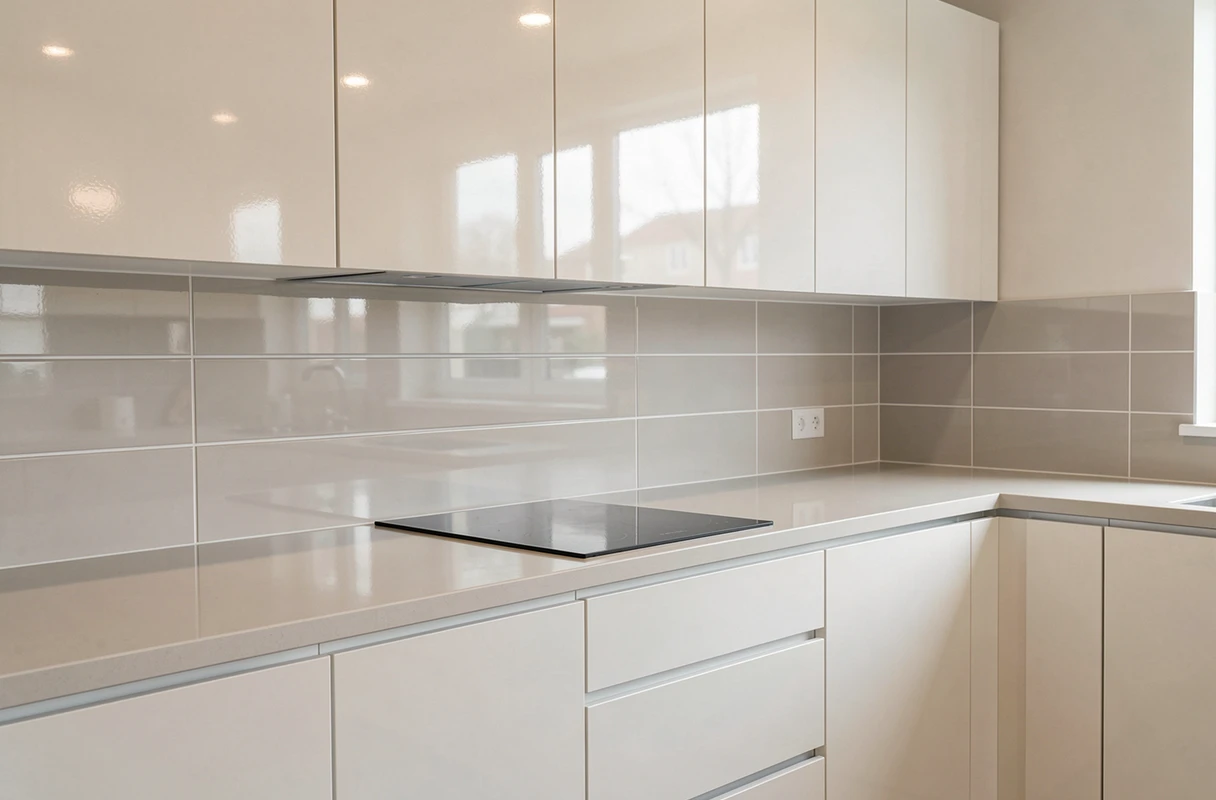 Cuisine aux façades laquées brillantes et plan de travail satiné en quartz clair captant et reflétant l'environnement pour agrandir visuellement l'espace