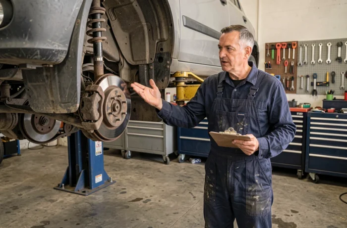 Mécanicien expliquant les composants de traction avant d'une voiture soulevée dans un garage automobile