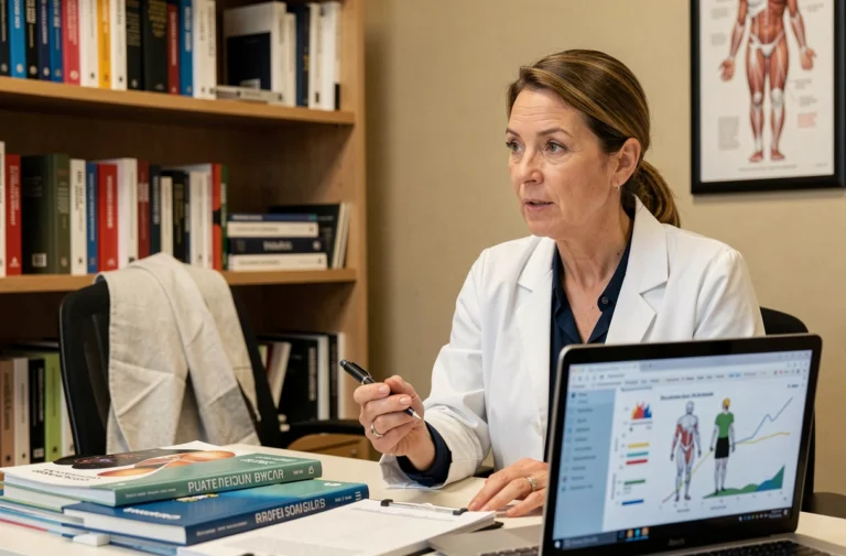 Médecin femme expliquant des données médicales à un patient dans un cabinet clinique moderne, entouré de livres et journaux médicaux