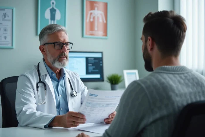 Médecin et patient examinant une facture médicale lors d'une consultation