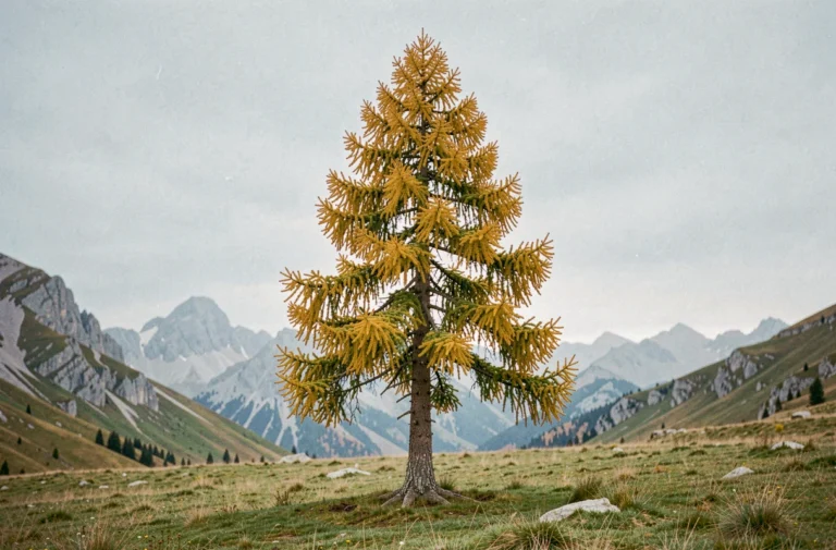 Mélèze (Larix) aux aiguilles dorées en automne dans une prairie alpine avec montagnes en arrière-plan