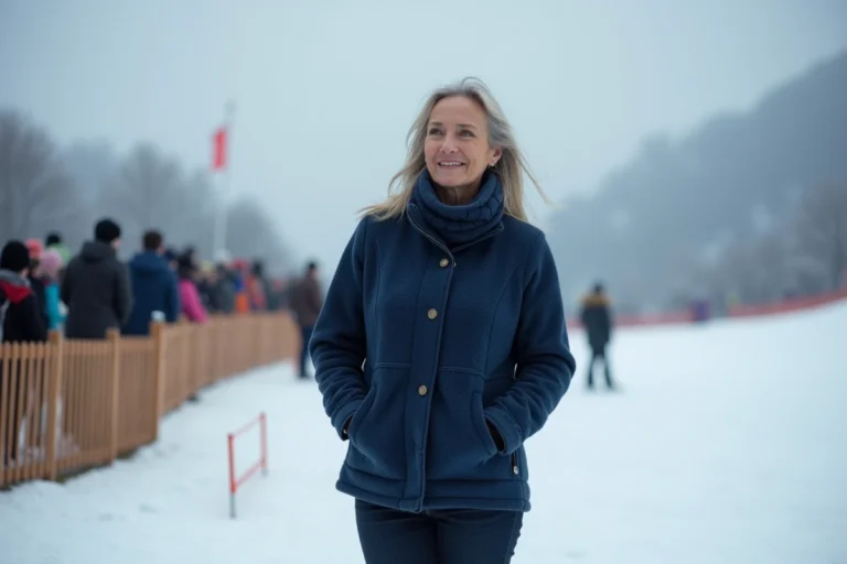 Mère attentive au bord d'une piste de ski alpin lors d'une compétition, expression de fierté discrète