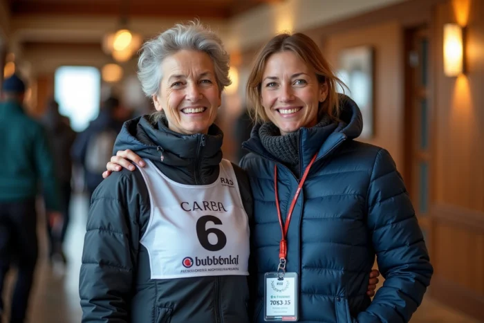 Mère et fille athlète partageant un moment complice après une course de ski dans un couloir de lodge alpin