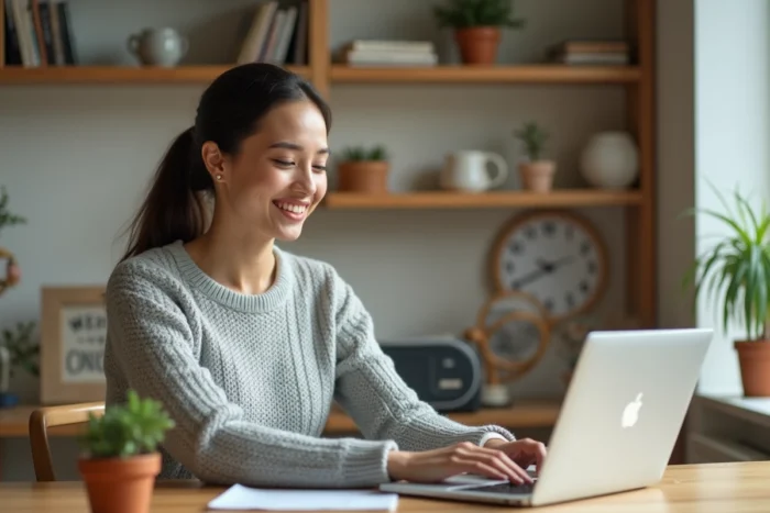 Femme naviguant sur un site web organisé depuis un bureau en bois dans un bureau à domicile lumineux