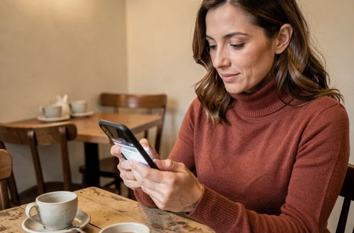 Femme découvrant le plan du site d'une marque de maquillage sur son smartphone dans un café