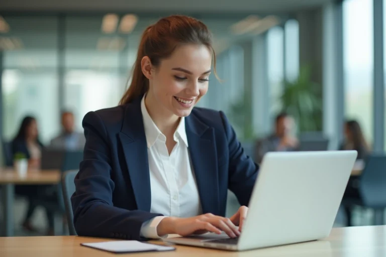 Nouvelle salariée découvrant l'application Alis BNP Paribas sur son ordinateur portable dans un bureau moderne