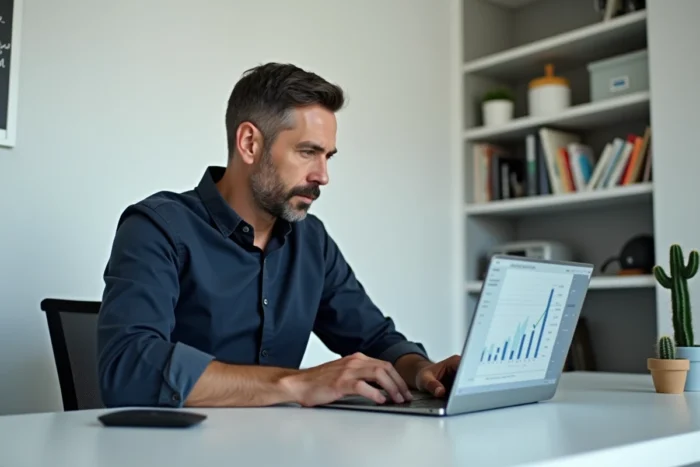 Homme gérant ses finances personnelles sur un ordinateur portable dans un bureau à domicile