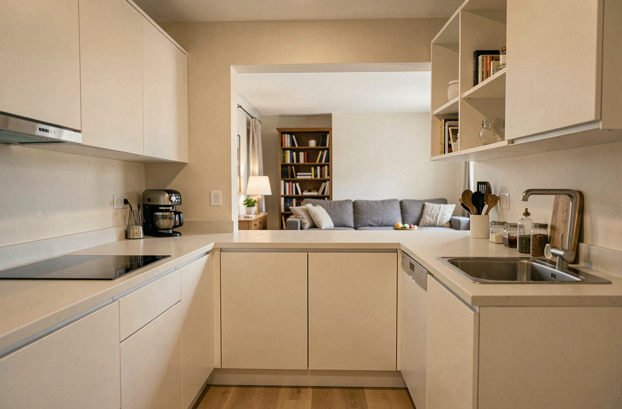 Ouverture visuelle entre une cuisine et une pièce adjacente créée par une étagère traversante et un passage architecturé, sans abattre le mur, agrandissant l'espace perçu