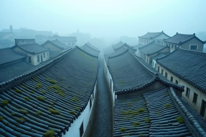 Vue panoramique des toits en tuiles bleues d'un village historique chinois avec ruelles en pierre et brume matinale dans la vallée