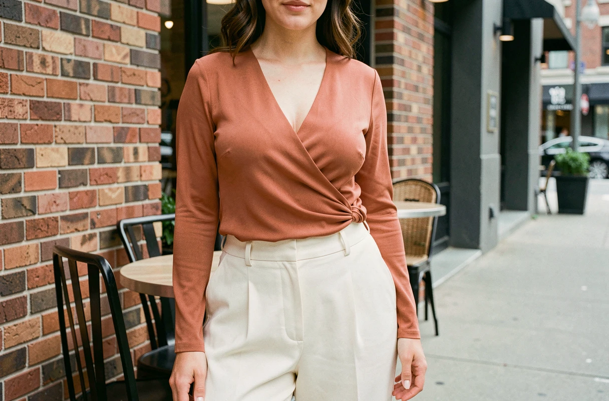 Femme avec morphologie en poire portant un pantalon taille haute et un chemisier encolure V pour valoriser la silhouette