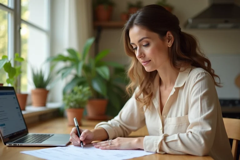Une femme particulier employeur remplit un formulaire administratif pour obtenir son numéro Siret Pajemploi à domicile