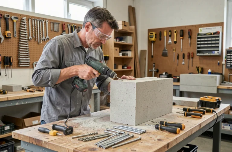 Artisan perçant un bloc de béton cellulaire dans un atelier avec des outils de perçage posés sur l'établi