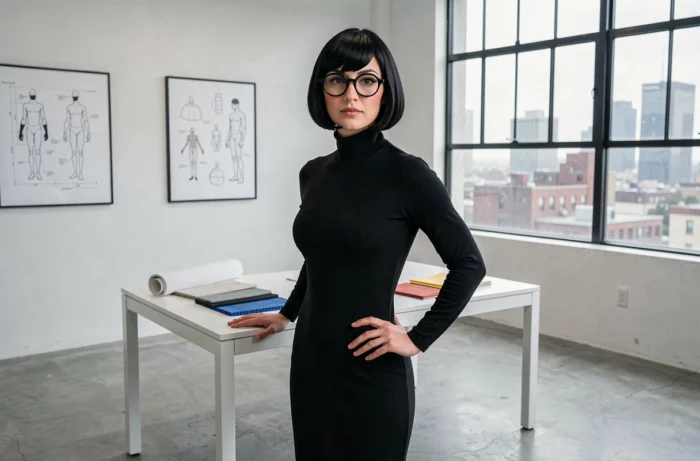 Homme déguisé en Edna Mode des Indestructibles dans un studio de design moderne, look éditorial réaliste avec lunettes rondes et robe noire
