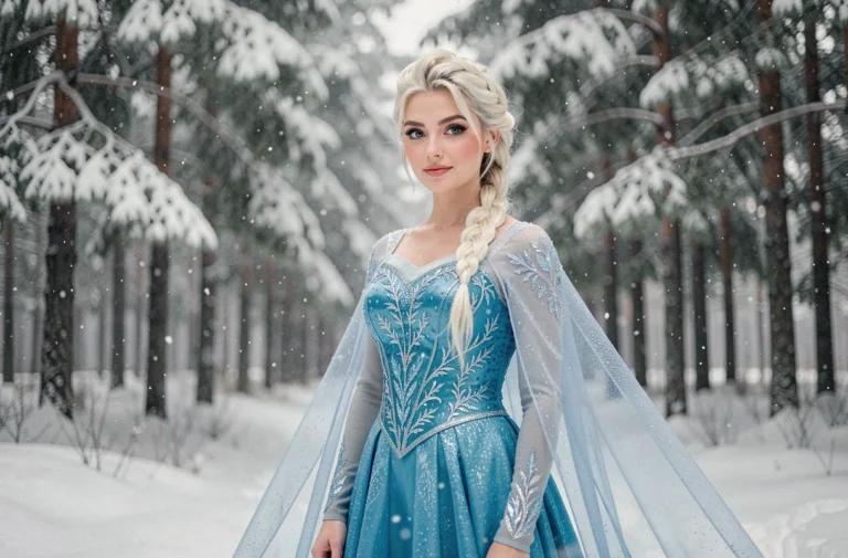 Femme déguisée en Elsa de La Reine des Neiges dans une forêt enneigée, robe bleue brodée et natte platine, ambiance hivernale réaliste